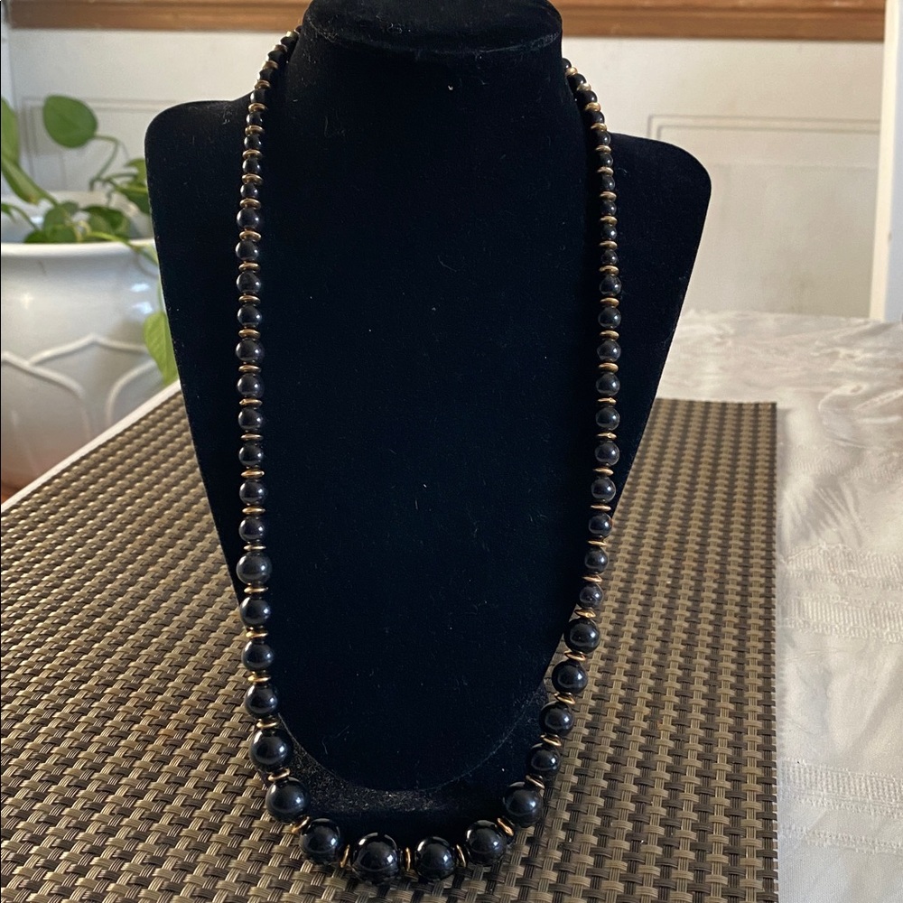 14/20k. Black Onix Beaded Necklace with Gold Spacer Accents - Women Jewelry